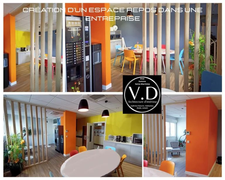 Claustra en frêne, sol en lames de PVC imitation bois. Jeu de peinture blanc, bleu orange et jaune. Mobilier de couleurs vives.