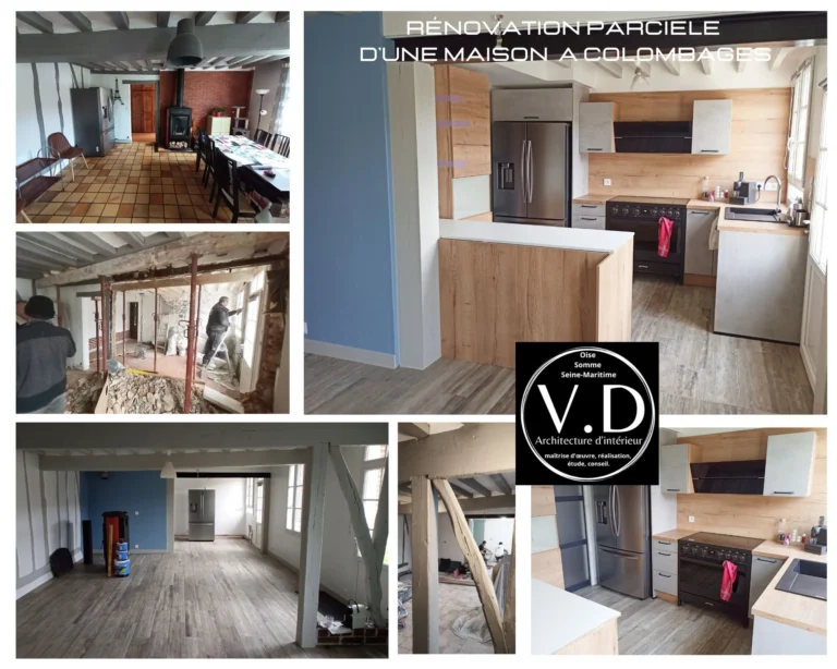 architecte d'intérieur à Beauvais, travaux de rénovation d'une longère, cuisine sur mesure, ouverture d'un mur porteur, aménagement d'un salon.