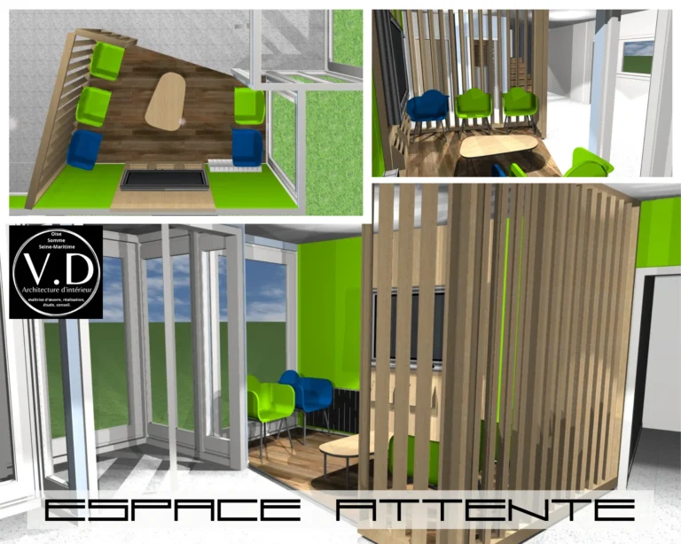Création d'un espace accueil à Amiens. Claustra en bois.