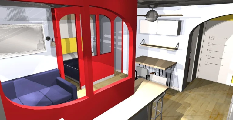 architecte d'intérieur aménagement d'un studio. séparation des espaces par des cloisons ajourées dans l'esprit graphique de la station balnéaire de La Grand Motte. utilisisation d'un jeu de teintes pour créer des jeux de perspectives et des effets visuels dans ce petit espace.