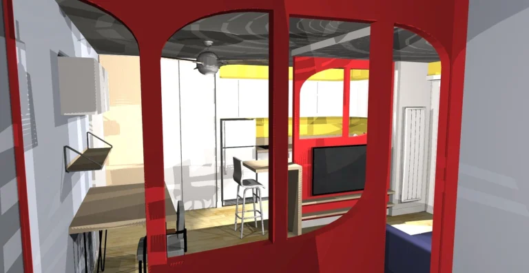 architecte d'intérieur aménagement d'un studio. séparation des espaces par des cloisons ajourées dans l'esprit graphique de la station balnéaire de La Grand Motte. utilisisation d'un jeu de teintes pour créer des jeux de perspectives et des effets visuels dans ce petit espace.