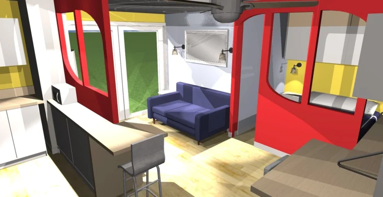 architecte d'intérieur aménagement d'un studio. séparation des espaces par des cloisons ajourées dans l'esprit graphique de la station balnéaire de La Grand Motte. utilisisation d'un jeu de teintes pour créer des jeux de perspectives et des effets visuels dans ce petit espace.