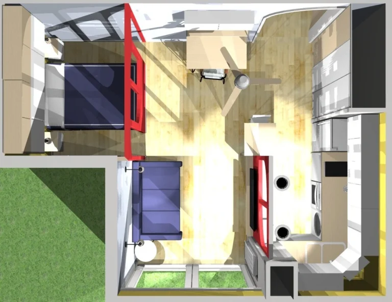 architecte d'intérieur aménagement d'un studio. séparation des espaces par des cloisons ajourées dans l'esprit graphique de la station balnéaire de La Grand Motte. utilisisation d'un jeu de teintes pour créer des jeux de perspectives et des effets visuels dans ce petit espace.